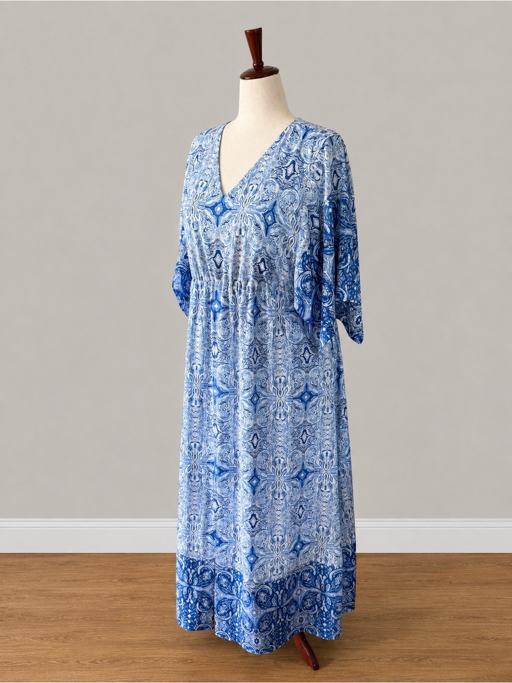 Chico’s Size 3 Blue Paisley Maxi Dress Kimono Sleeve Boho Resort Lined US 16